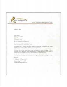 Thank You letter to GoldFellow from Children Battling Cancer for donation of Miami Dolphin's Tickets