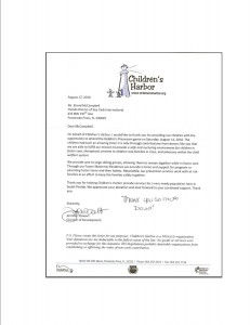 Thank You from Children's Harbor For Dolphin Ticket Donation